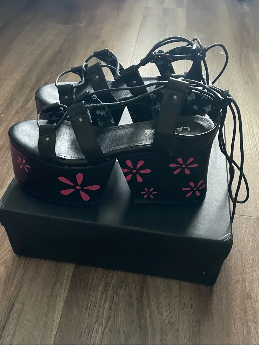 Black Platform Lace-Up Sandals with Pink Floral Accents